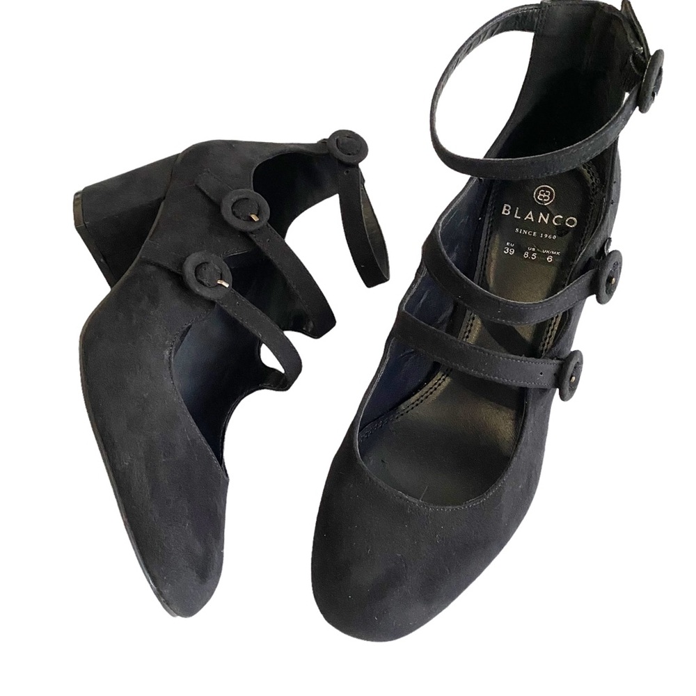 Blacno Black Mary Jane Strap Chunky Faux Suede Heels